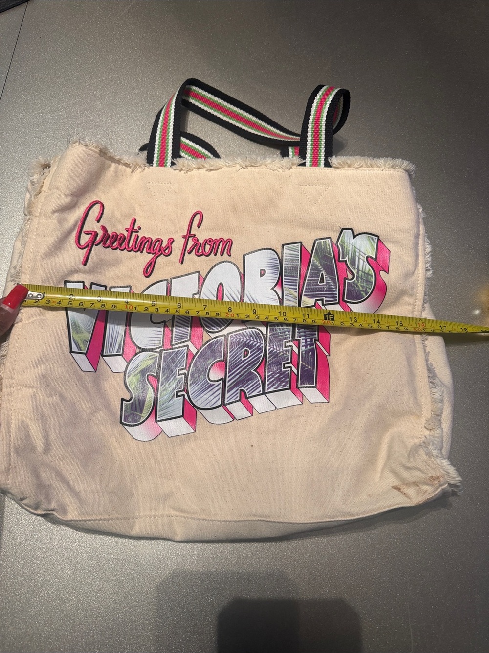 Victoria's Secret Cream Canvas Tote with Pink and Green Graphic